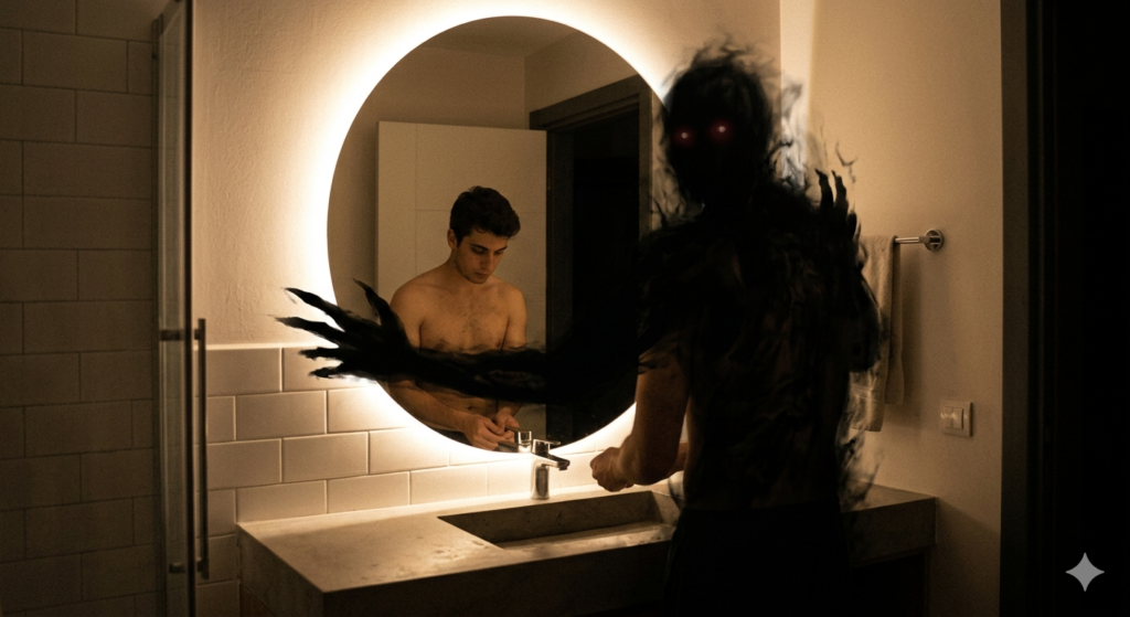 A mysterious and dark Shadow People figure appearing in a home mirror