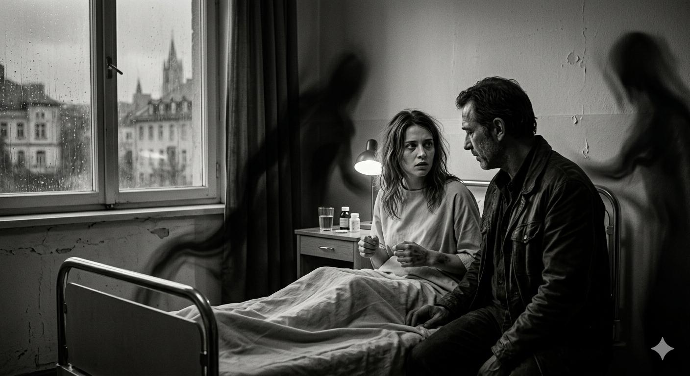 Ein Schwarz-Weiß-Foto von einer erschöpften jungen Frau in einem Krankenhausbett und einem besorgten Mann an ihrer Seite. Um die Frau herum schweben dunkle, sich bewegende Schattenmenschen. Im Hintergrund ist ein regnerisches Fenster zu sehen.