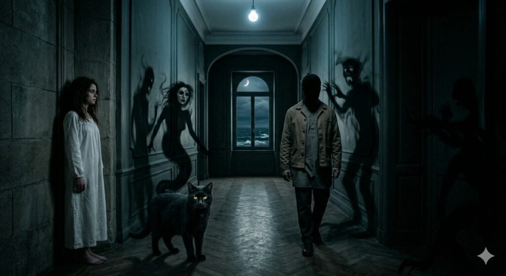 Ein düsteres Wohnzimmer mit abgedeckten Spiegeln und einer Katze, die Anzeichen negativer Energie durch das Starren in einen dunklen Flur wahrnimmt.