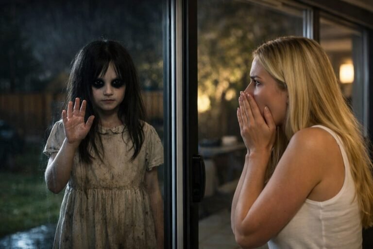A dark garden at night with a child standing still, black eyes absorbing the light — a black eyed children encounter