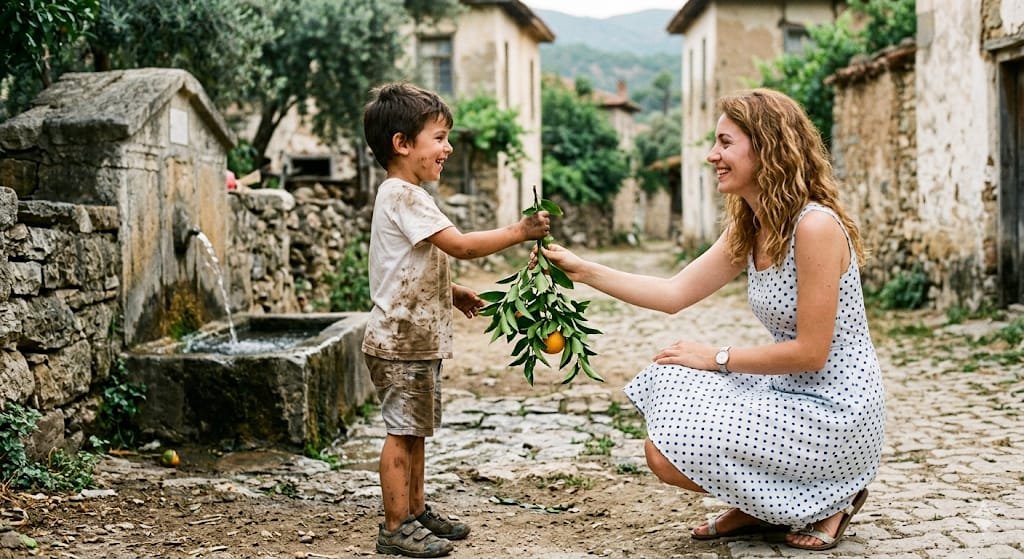 Une branche d'oranger verte et vivante tenue par un enfant en rêve, symbolisant la guérison et l'abondance.