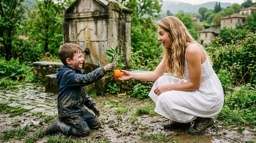A young boy holding a lush green orange tree branch, offering it to a woman in a dream vision