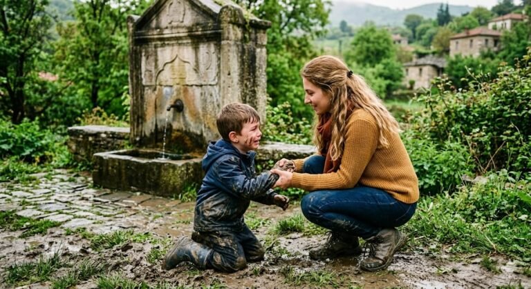 A young child standing by an old stone fountain, spiritual dream symbolism