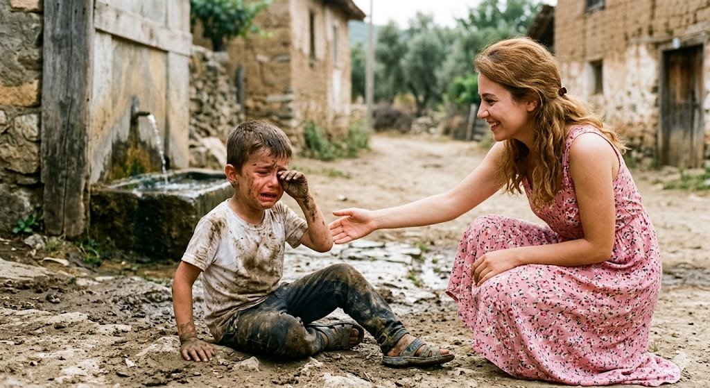 Un petit enfant assis près d'une fontaine en pierre dans un rêve, symbolisant la purification spirituelle.