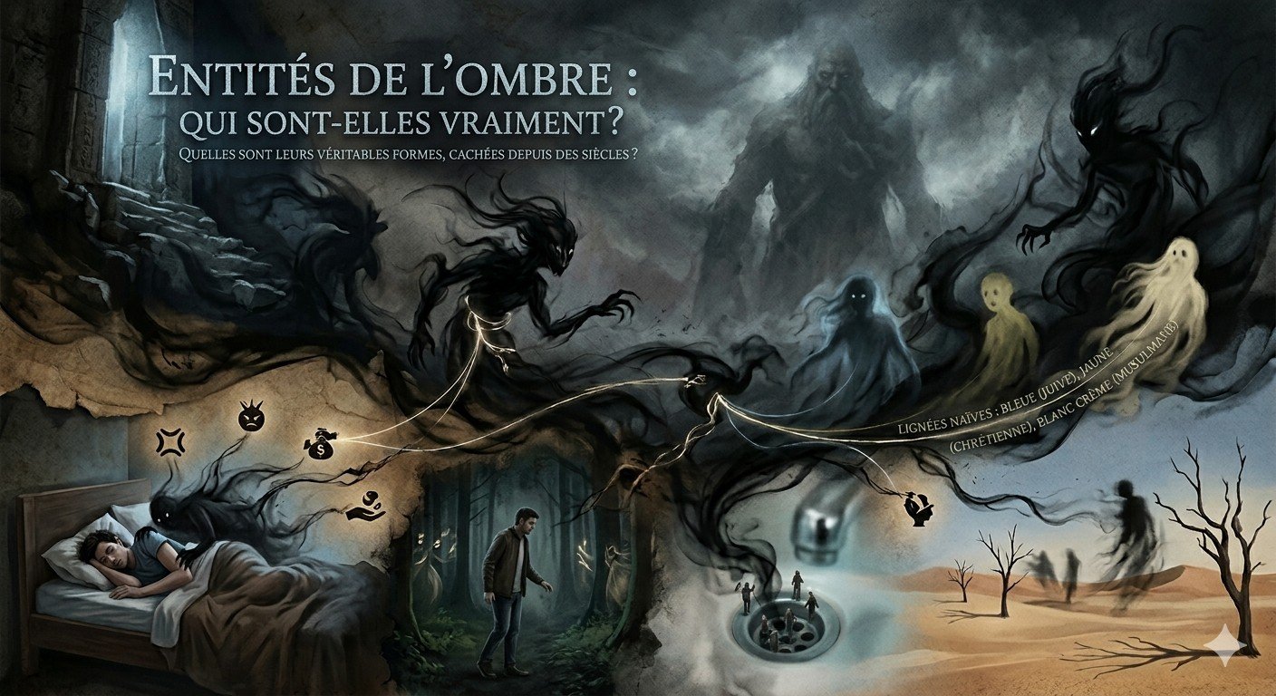 Une visualisation conceptuelle de la hiérarchie des Entités de l'Ombre, montrant des figures de fumée sombre, des habitats désertiques et l'entité géante Amr de l'ère de Salomon.