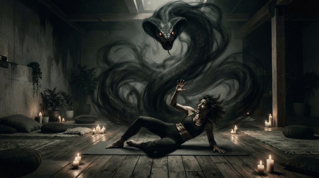 Entity attachment revealed as the shadow being shows its true serpent-like form during the meditation session`