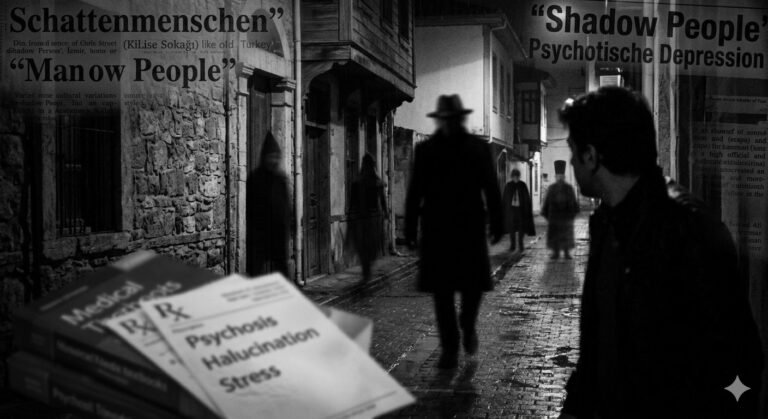 A dark silhouette of the 'Man in the Hat' Shadow Person emerging from a void, symbolizing the global phenomenon that modern science labels as 'psychosis'