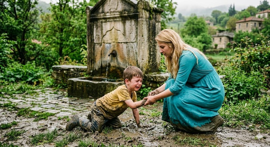 Ein kleiner Junge steht an einem alten Steinbrunnen, spirituelle Traumsymbolik