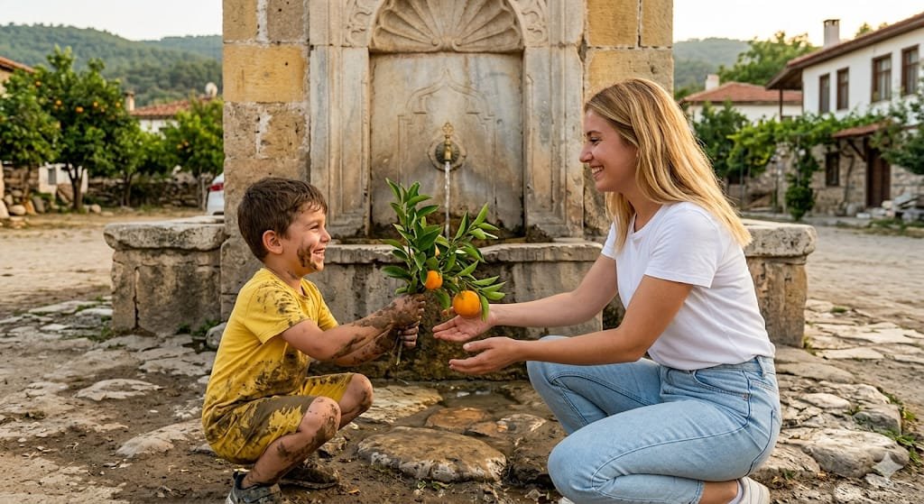 Ein Kind am Brunnen im Traum reicht einer Frau einen grünen Orangenbaumzweig — spirituelles Traumsymbol
