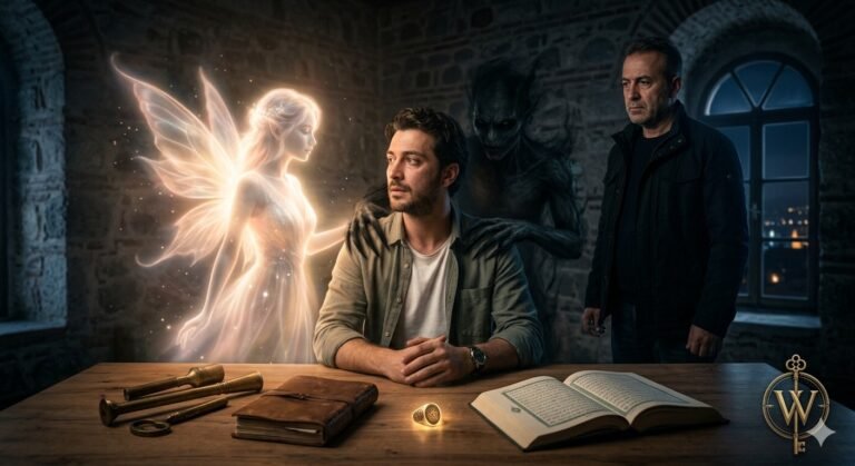 A conceptual illustration of a marriage with an Incubus, showing a man trapped in a dual reality with a beautiful projection and a hideous dark entity, symbolizing spiritual decay and the 'DNA vapor' process.