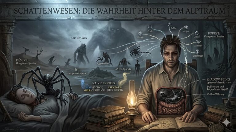 Eine konzeptionelle Visualisierung der Hierarchie der Schattenwesen, die dunkle rauchähnliche Figuren, Wüstenhabitate und das riesige Wesen Amr aus der Ära Salomos zeigt.