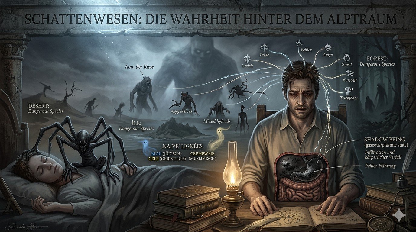 Eine konzeptionelle Visualisierung der Hierarchie der Schattenwesen, die dunkle rauchähnliche Figuren, Wüstenhabitate und das riesige Wesen Amr aus der Ära Salomos zeigt.