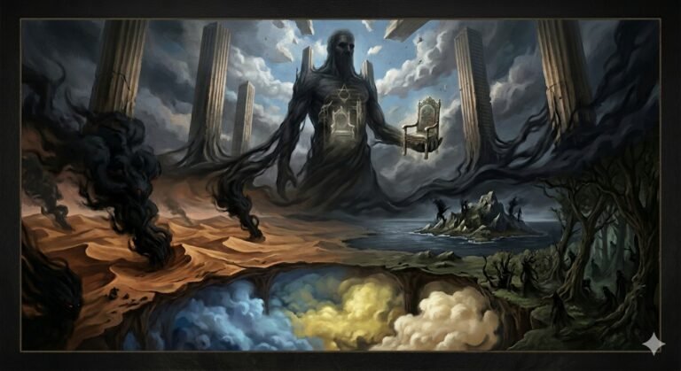 A conceptual visualization of the Shadow Entities hierarchy, featuring dark smoke-like figures, desert habitats, and the ancient giant entity known as Amr from the era of Solomon.