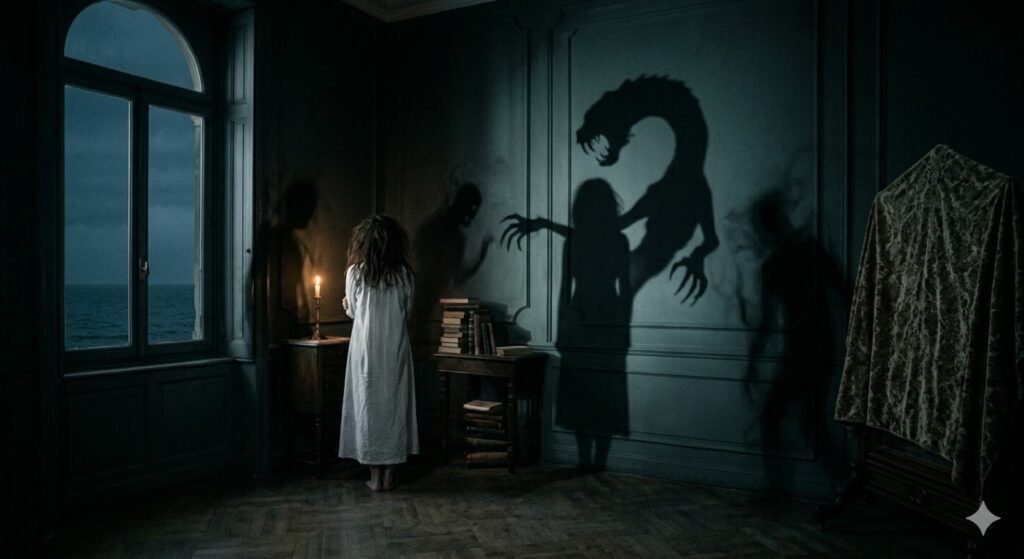 Une villa sombre montrant des signes d'énergie négative, avec des miroirs recouverts de draps et une atmosphère de décomposition spirituelle.