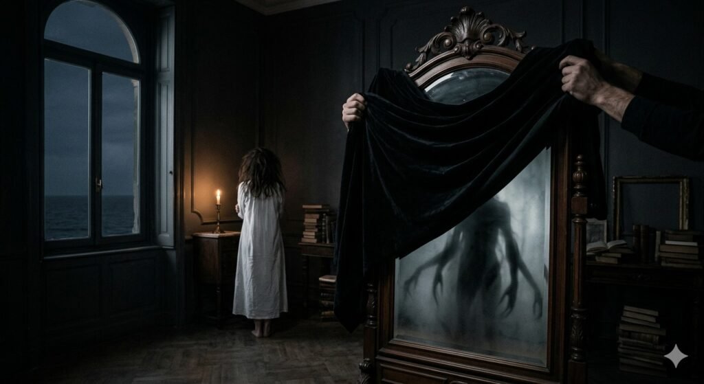 A dimly lit living room showing clear signs of negative energy, with mirrors covered in cloth, a cat staring at a dark hallway, and Soline clutching Ali's arm in fear.