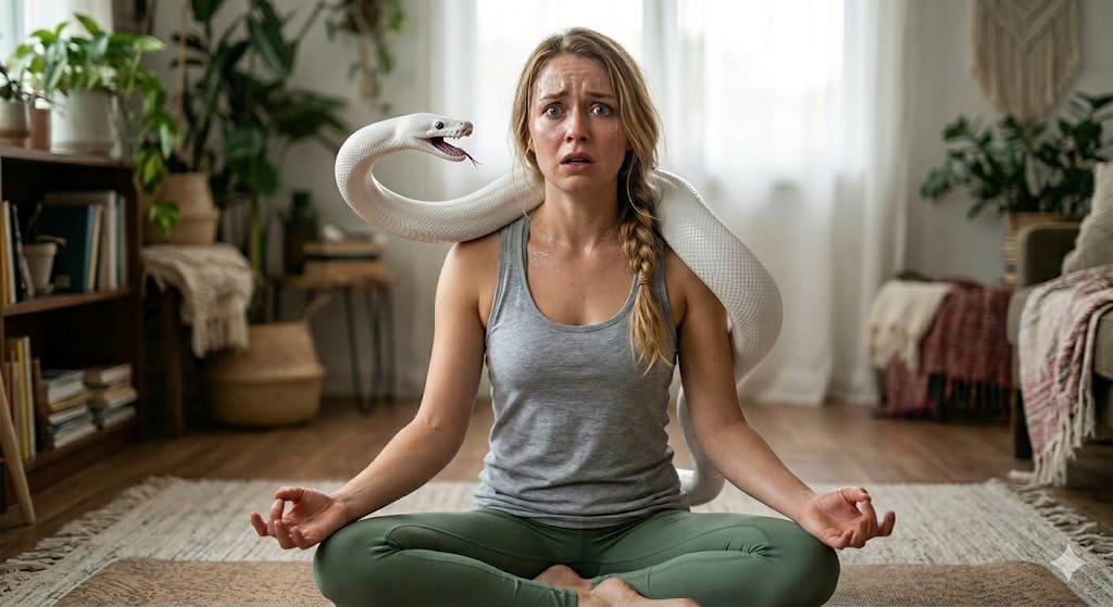 A woman meditating with a snake on her back representing the spiritual dangers of Kundalini energy