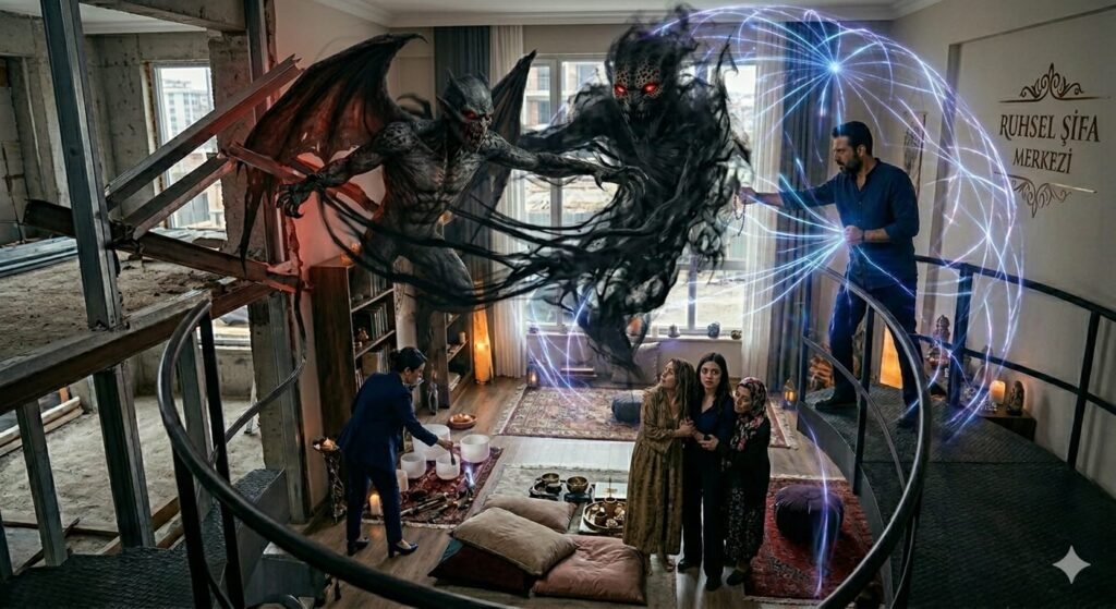 Ali konfrontiert eine riesige Wesenheiten-Besetzung hinter einer Meditationslehrerin in einem dunklen Raum.