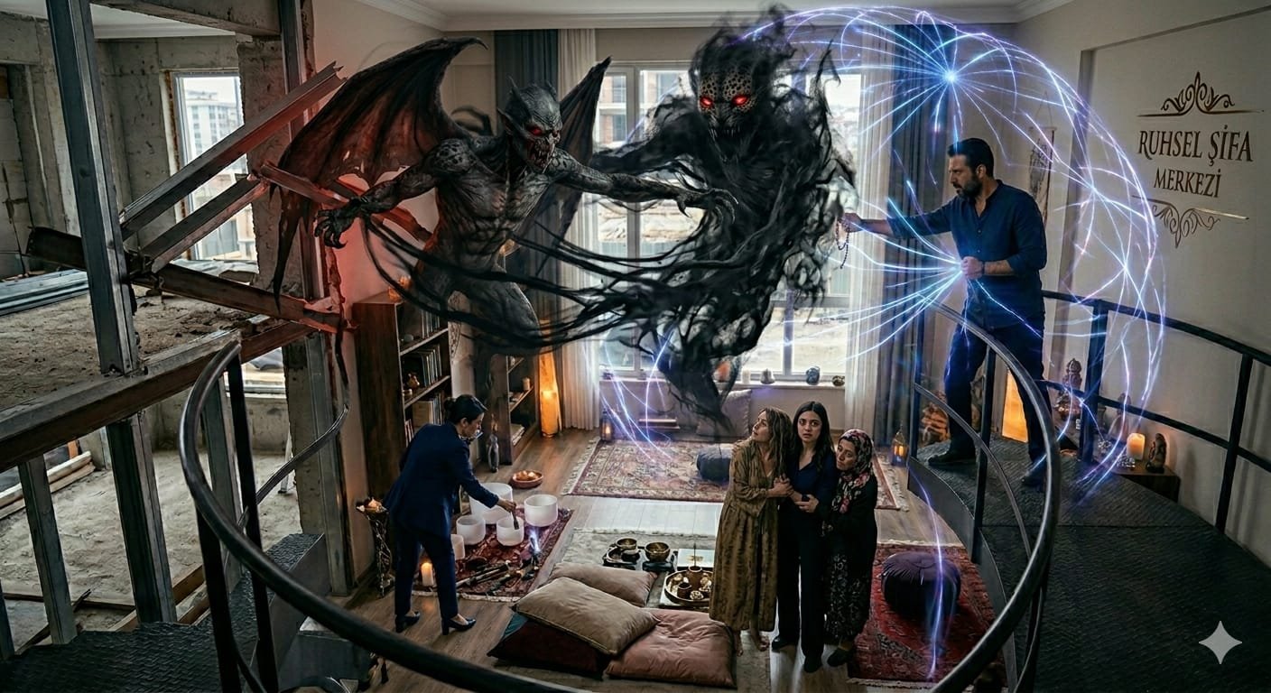 Ali konfrontiert eine riesige Wesenheiten-Besetzung hinter einer Meditationslehrerin in einem dunklen Raum.