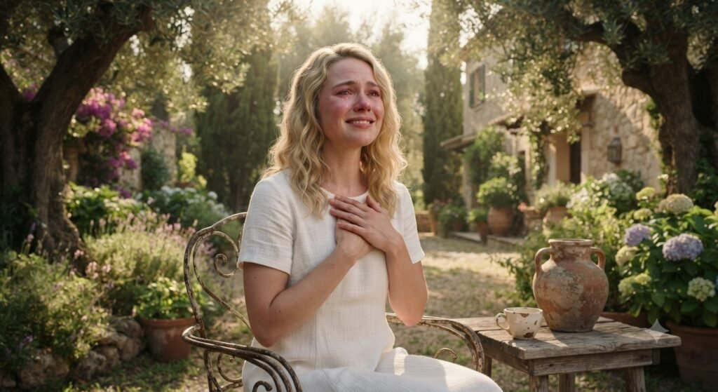 alt text 25-year-old blonde woman sitting in a villa garden, smiling with tears of joy after overcoming the nightmare of being chased and falling in a dream, representing spiritual healing and peace