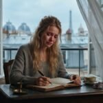 `Une femme blonde de 28 ans pleurant devant son journal à cause des ragots et l'énergie négative.