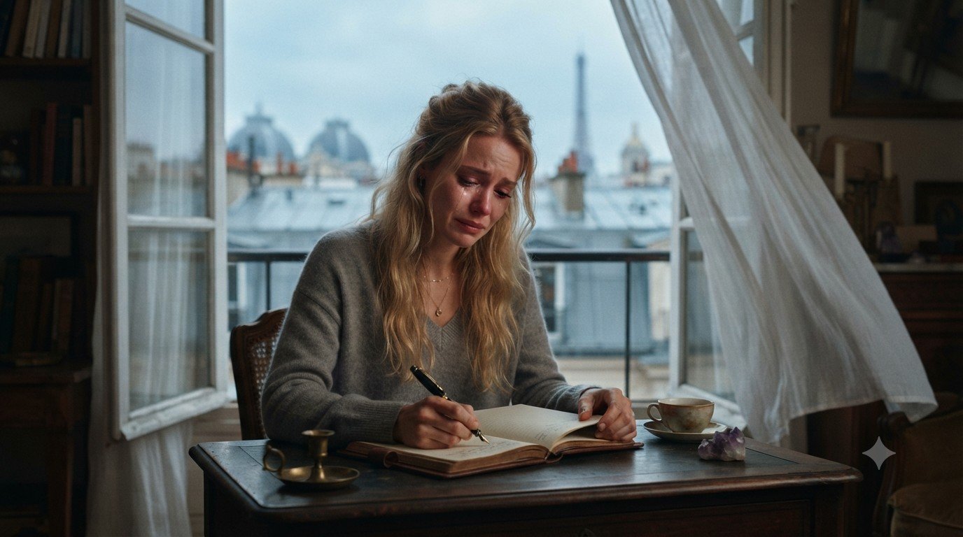 `Une femme blonde de 28 ans pleurant devant son journal à cause des ragots et l'énergie négative.