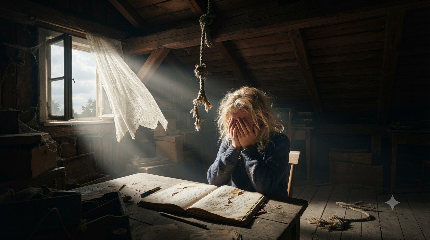 Soline Bride of Shadows series: A symbolic image of Camille weeping in an attic with a snapped rope, representing the spiritual impact of gossip and negative energy.