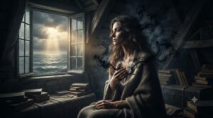 Frau denkt am Meer über die spirituellen Folgen falscher Anschuldigungen nach