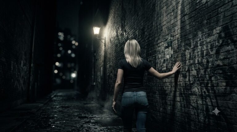 Femme luttant contre la culpabilité après un abus, image symbolique de l'obscurité intérieure et de la guérison