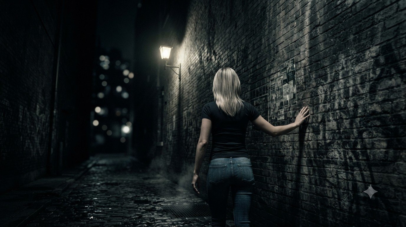 Femme luttant contre la culpabilité après un abus, image symbolique de l'obscurité intérieure et de la guérison
