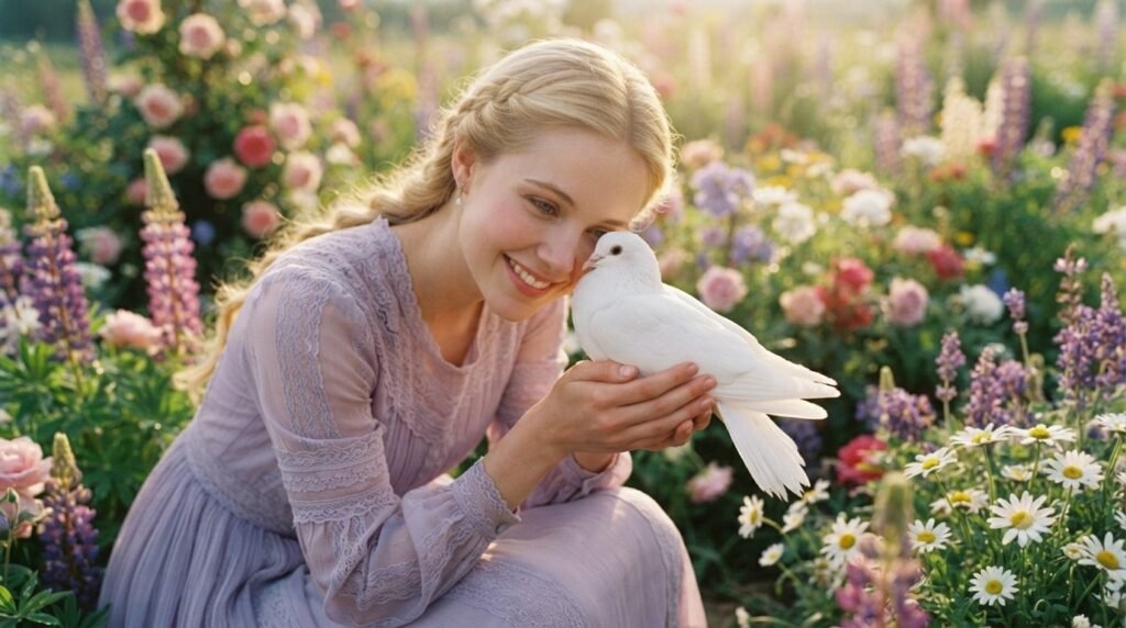 White dove dream meaning with lavender flowers symbolizing love and peace
