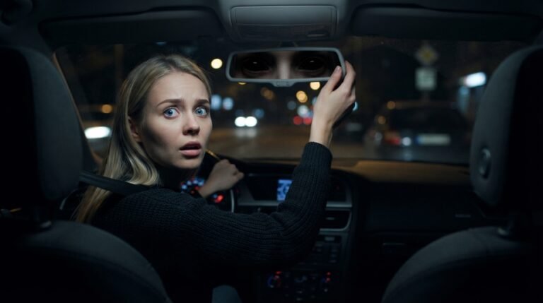 black-eyed child in rearview mirror at night
