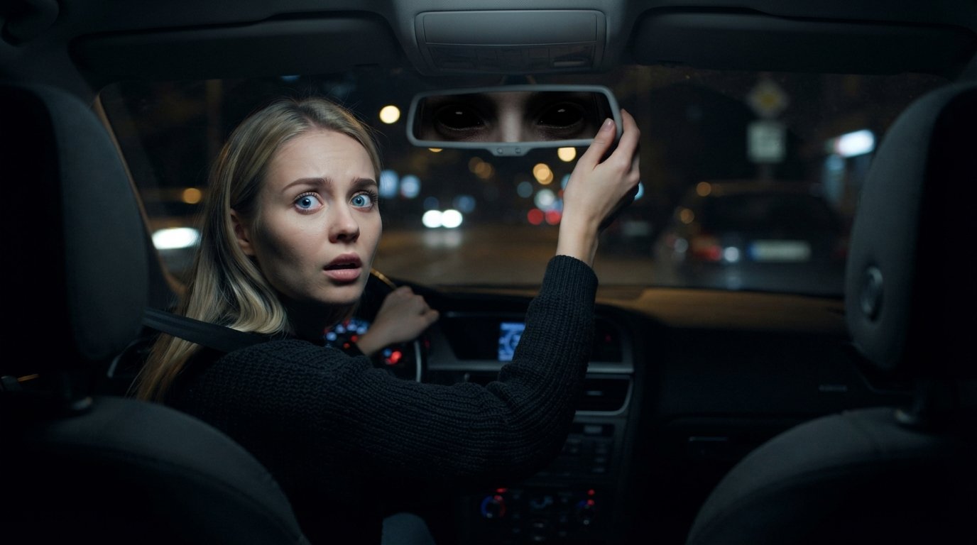black-eyed child in rearview mirror at night