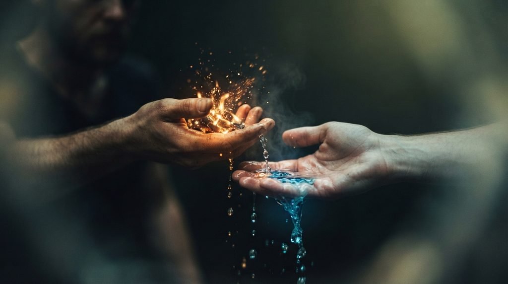 Gloeiende kolen veranderen in water uit een fontein, een droombeeld van spirituele reiniging
