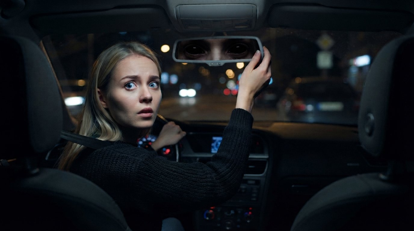 enfant aux yeux noirs dans le rétroviseur la nuit