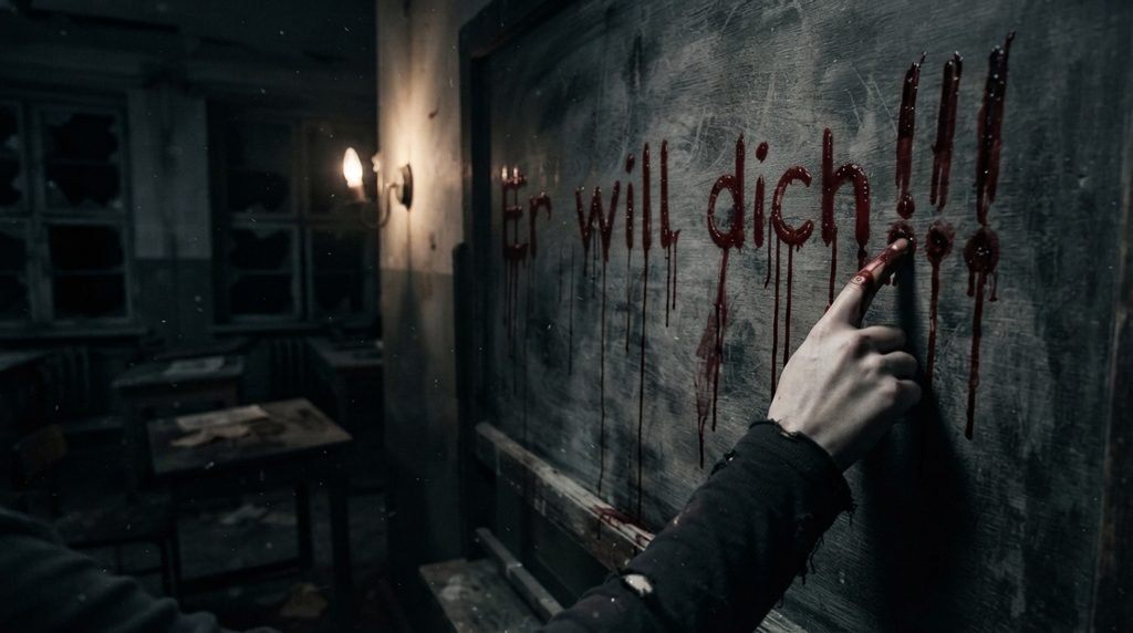 Ein Finger schreibt „Es will dich!!!!" mit Blut auf einen Tisch
