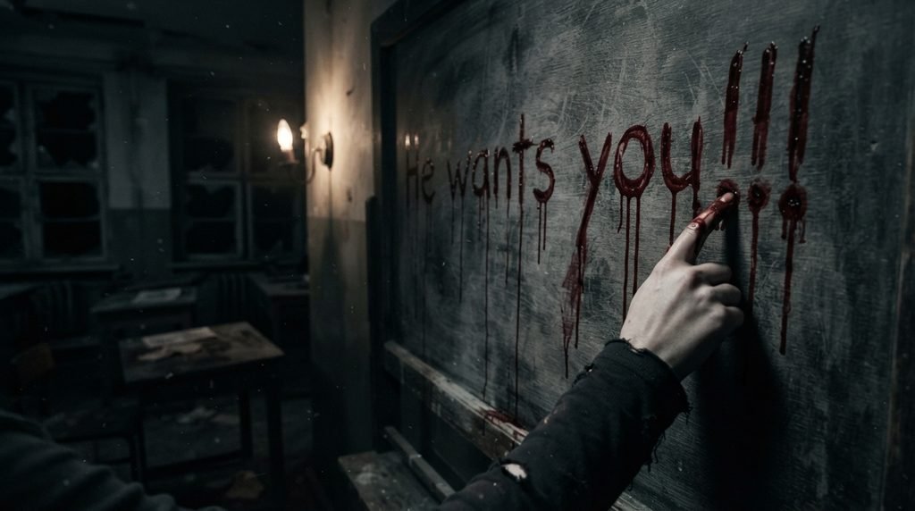 A finger writing "He wants you!!!!" in blood on a table