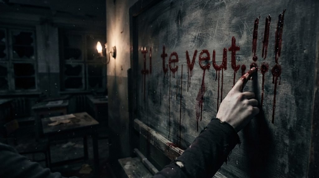 Un doigt écrivant « Il te veut !!!! » avec du sang sur une table
