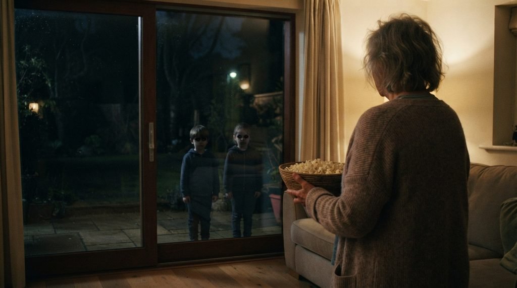 Een moeder biedt onwetend popcorn aan kinderen met zwarte ogen bij de deur