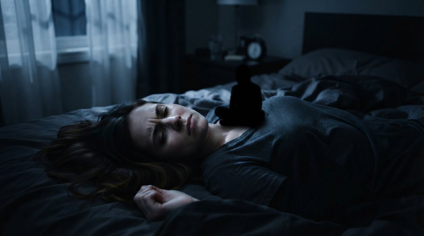 paralysie du sommeil rêve ou réalité — silhouette d'ombre assise sur la poitrine d'une femme dans une chambre sombre