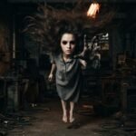 A possessed woman with black eyes and a clawed hand hovering above the ground