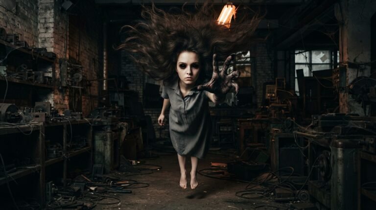 A possessed woman with black eyes and a clawed hand hovering above the ground