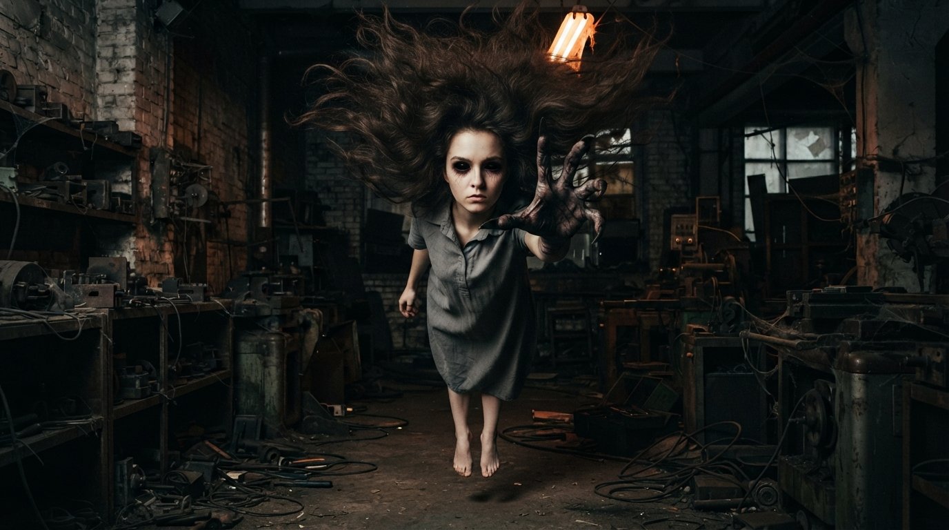 A possessed woman with black eyes and a clawed hand hovering above the ground