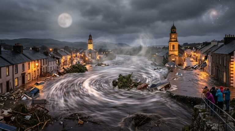 Dreaming of a flood: an overflowing river and a village under water beneath a cloudy sky