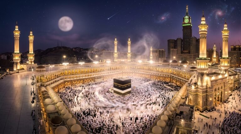 Dromen over de Kaaba: de Kaaba en de menigte tijdens de tawaf onder de nachtelijke hemel