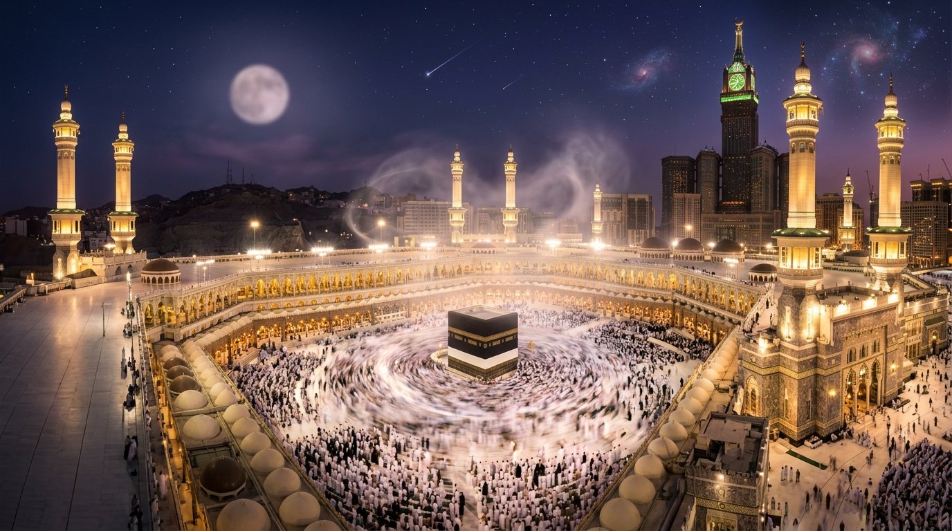 Dromen over de Kaaba: de Kaaba en de menigte tijdens de tawaf onder de nachtelijke hemel