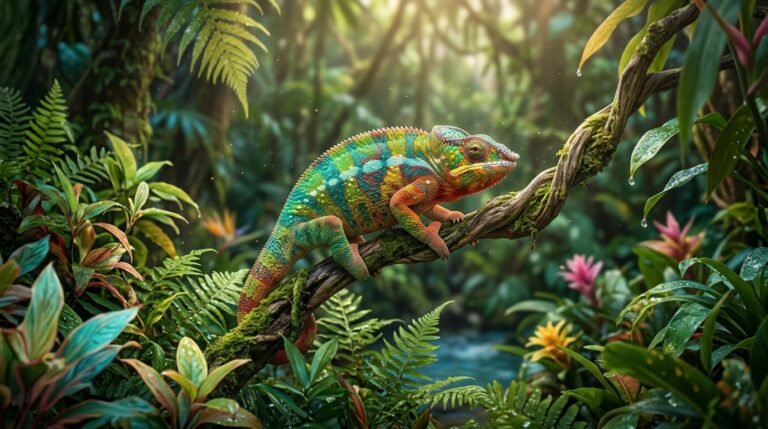 Dromen over een kameleon: een kameleon op een groene tak