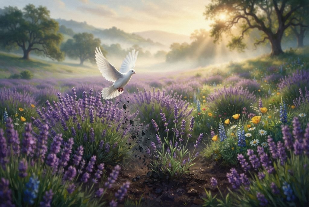 Droom over een witte duif en lavendel in een bloeiende vallei