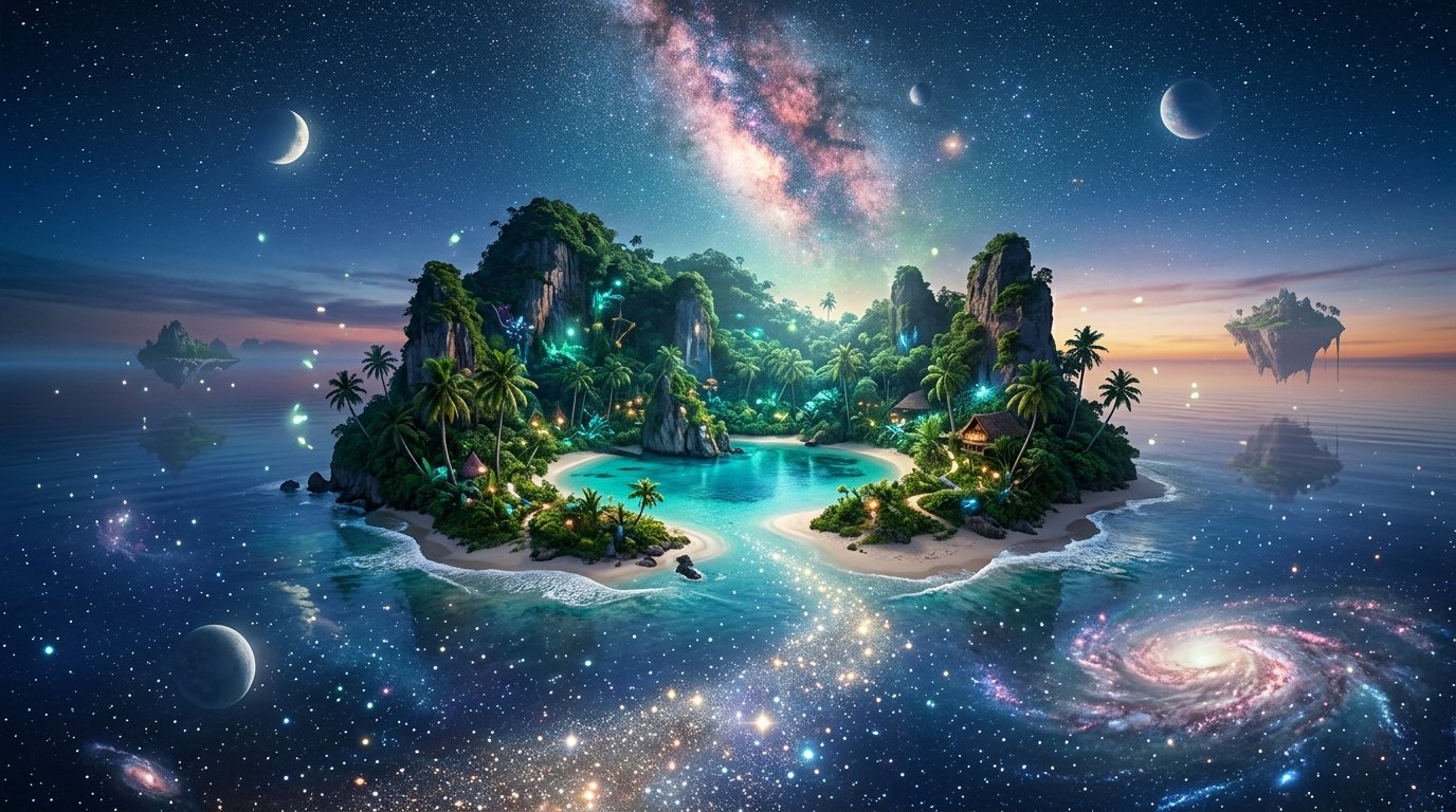 Island dream spiritual meaning: a green island in a calm sea at dawn