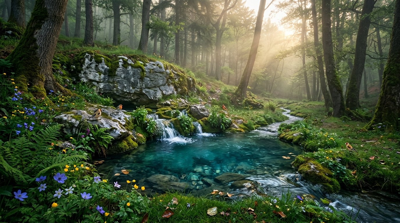 Rêver de source : une eau de source claire jaillit entre des pierres moussues