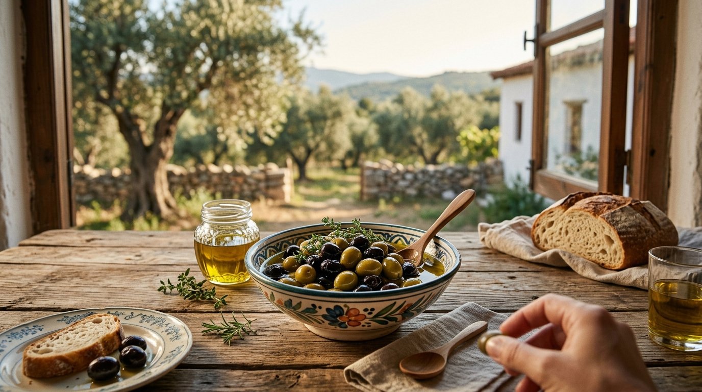 Rêver d’olives : un bol d’olives vertes et noires sur une table en bois